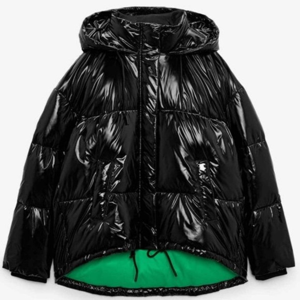 NWT ZARA PADDED HOODED PUFFER JACKET HIGH SHINE BLACK M